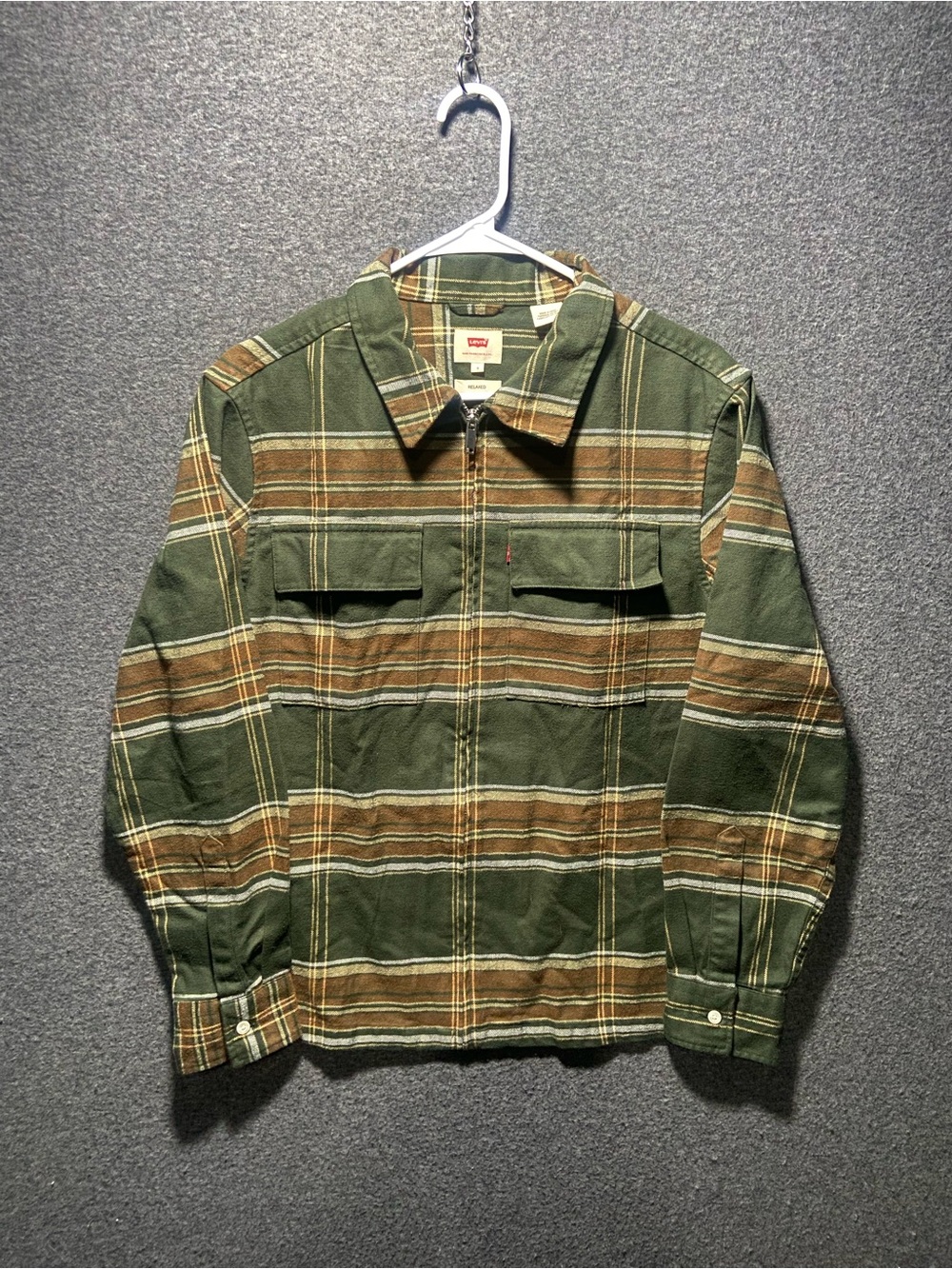 Levis Mens Small Full Zip Plaid Flannel Jacket Dark Green Brown Overshirt Shacke